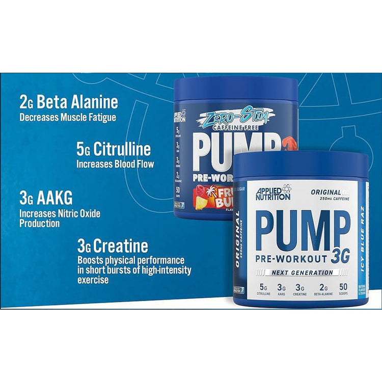 Applied Nutrition Pump 3G Pre Workout - Energy, Focus & Performance (375g - 50 Scoops) (ICY Blue Raz)